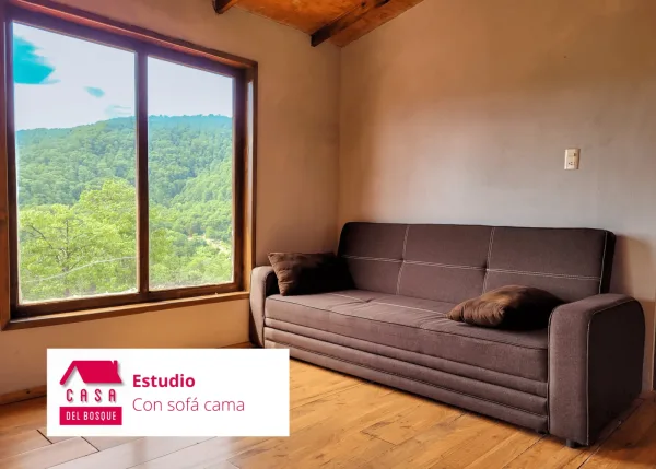 Estudio con sofá cama y ventanal al bosque